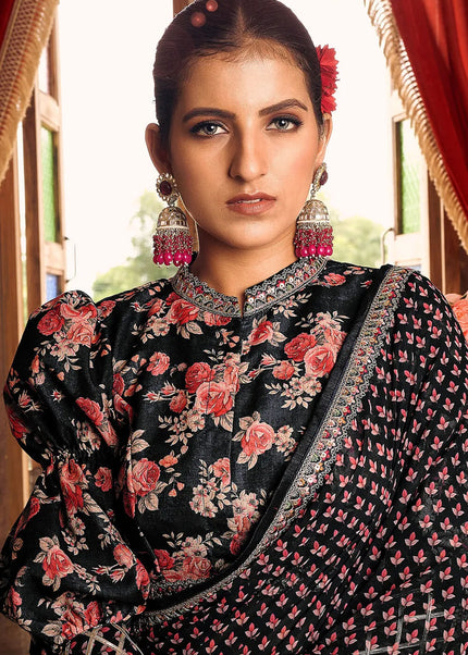 Black Printed and Embroidered Saree