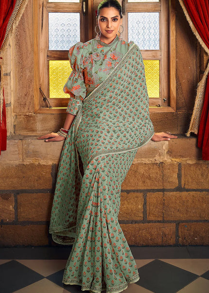 Sea Green Printed and Embroidered Saree