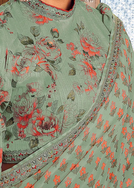 Sea Green Printed and Embroidered Saree