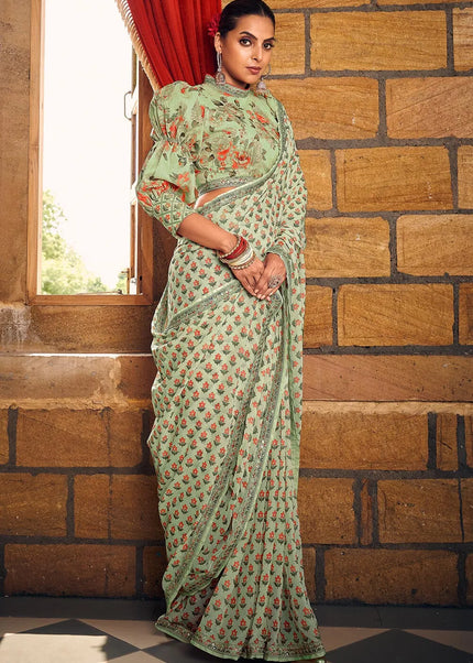 Light Green Printed and Embroidered Saree