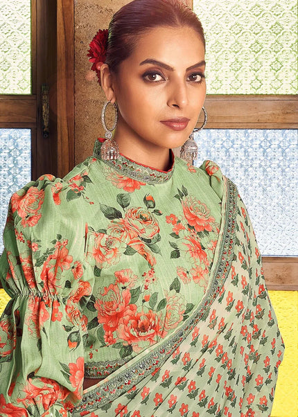 Light Green Printed and Embroidered Saree