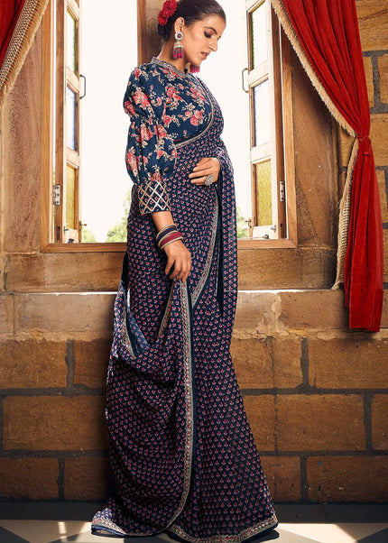 Navy Blue Printed and Embroidered Saree