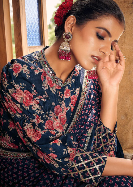 Navy Blue Printed and Embroidered Saree