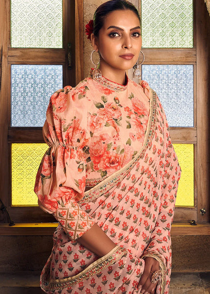 Peach Printed and Embroidered Saree