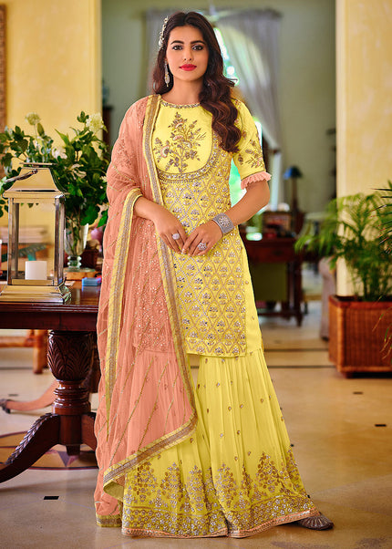 Yellow and Pink Embroidered Gharara Suit