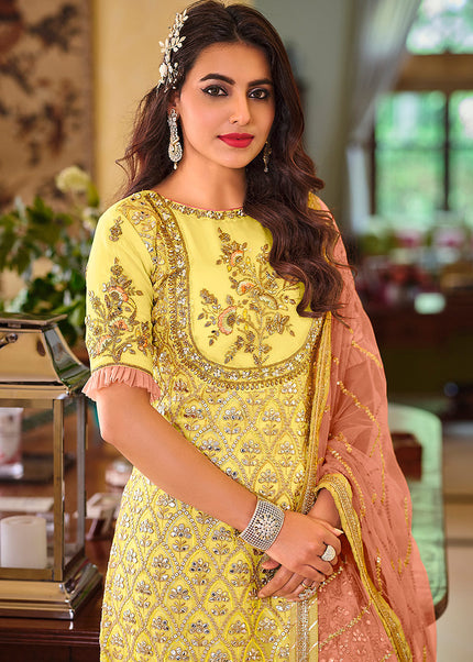 Yellow and Pink Embroidered Gharara Suit