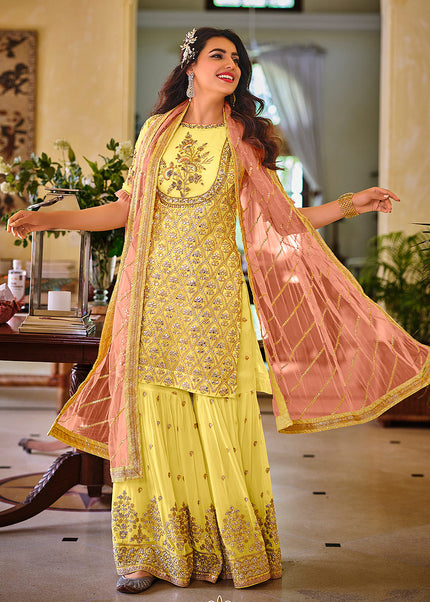 Yellow and Pink Embroidered Gharara Suit