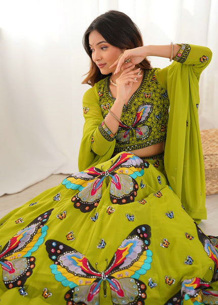 Parrot Green Embroidered Lehenga Choli