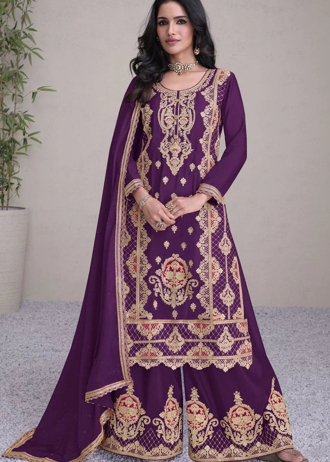 Purple Embroidered Palazzo Suit