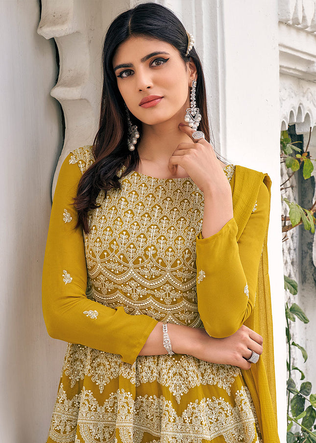 Mustard Embroidered Gharara Suit