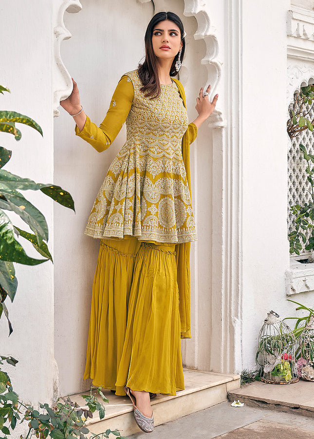 Mustard Embroidered Gharara Suit
