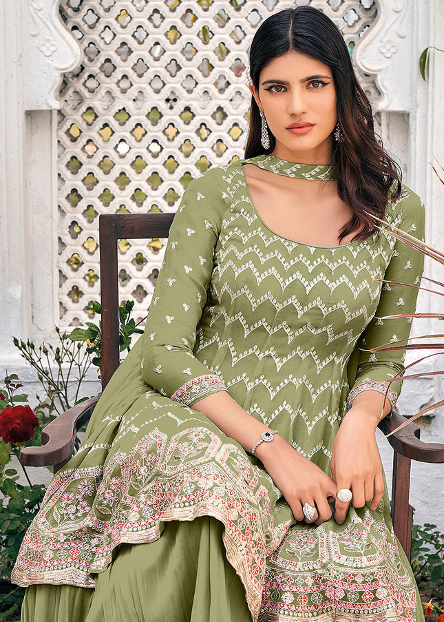 Green Embbroidered Sharara Suit