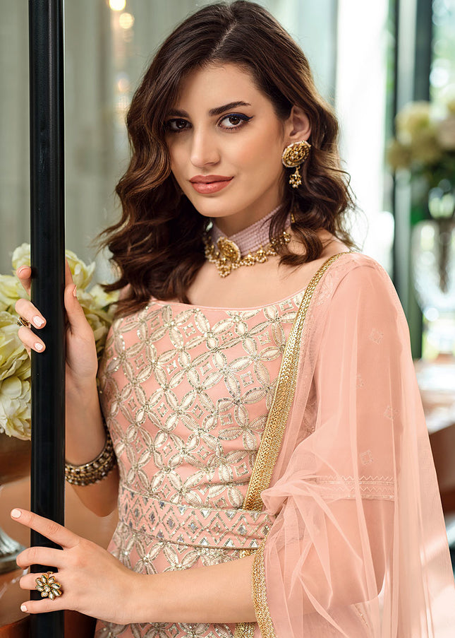 Peach and Gold and Gold Embroidered Gharara Suit