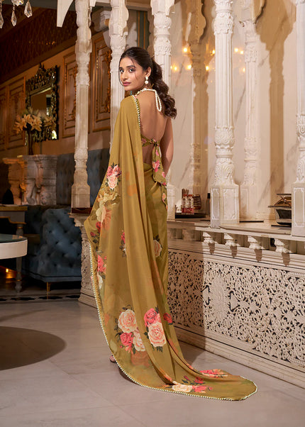 Brown Floral Printed Saree