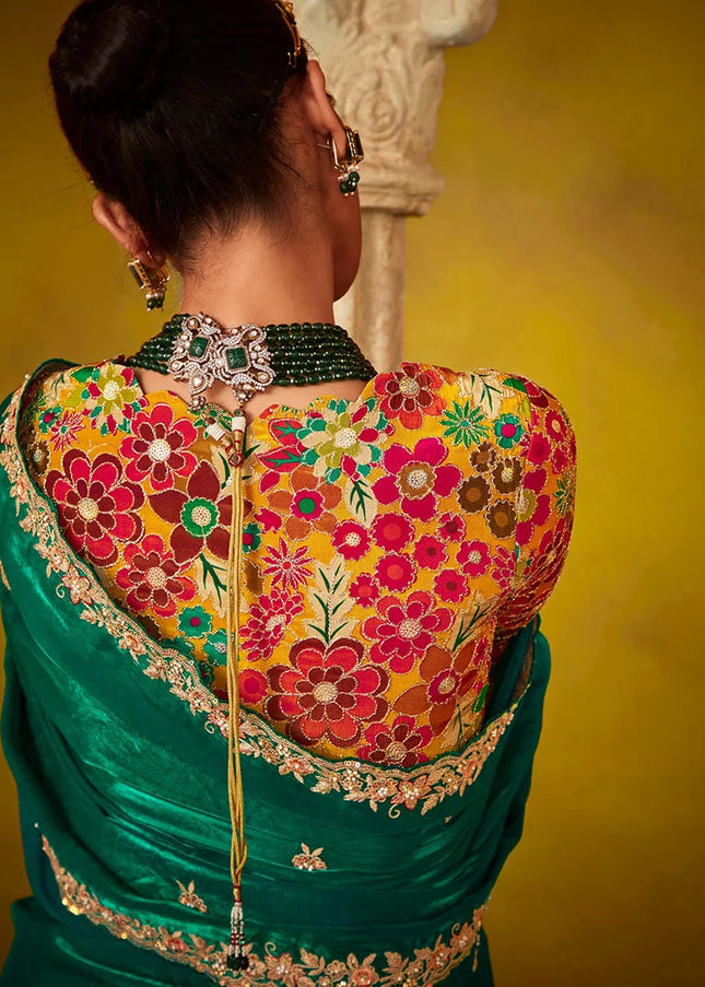 Green and Yellow Embroidered Festive Saree