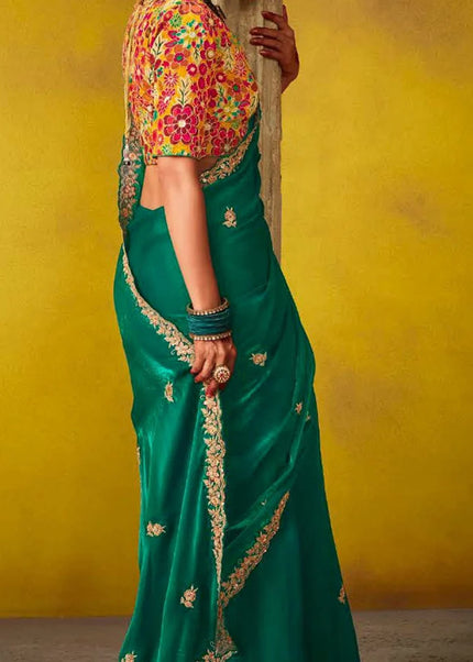 Green and Yellow Embroidered Festive Saree