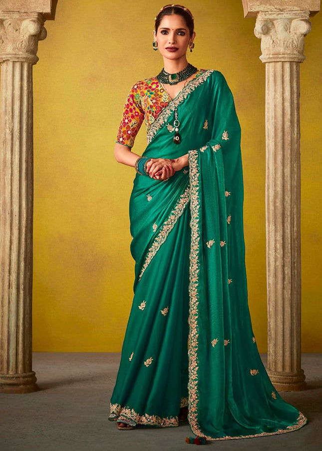 Green and Yellow Embroidered Festive Saree