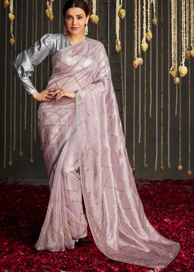 Grey and Pink Embroidered Festive Saree