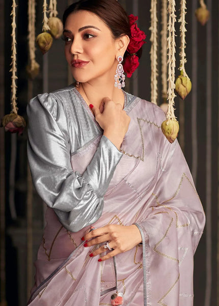 Grey and Pink Embroidered Festive Saree