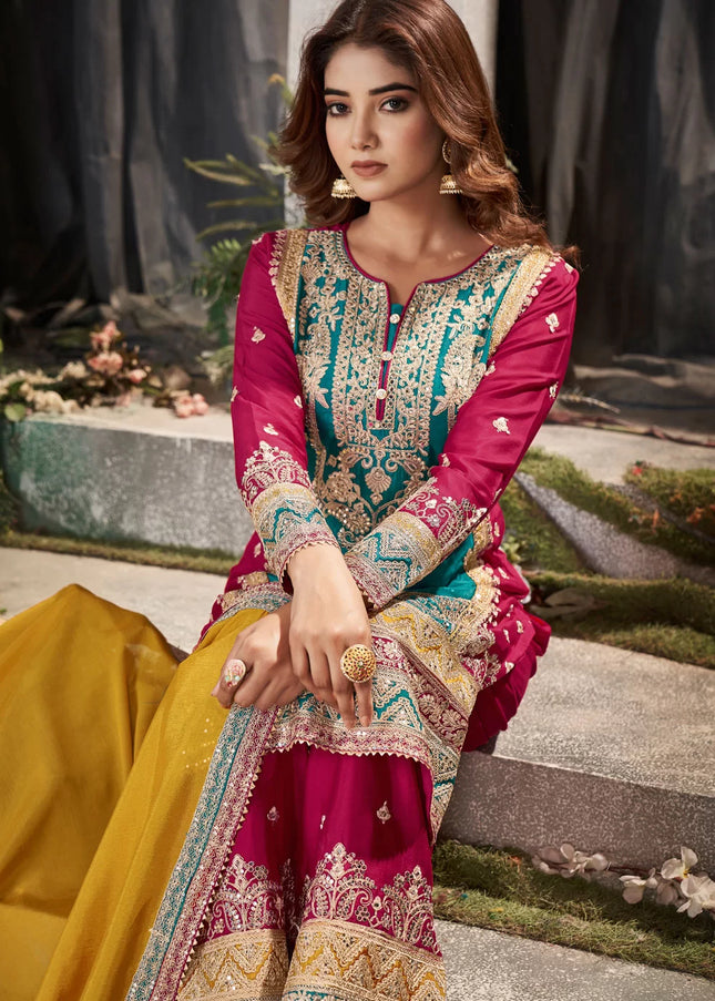 Pink Multicolor Embroidered Palazzo Suit