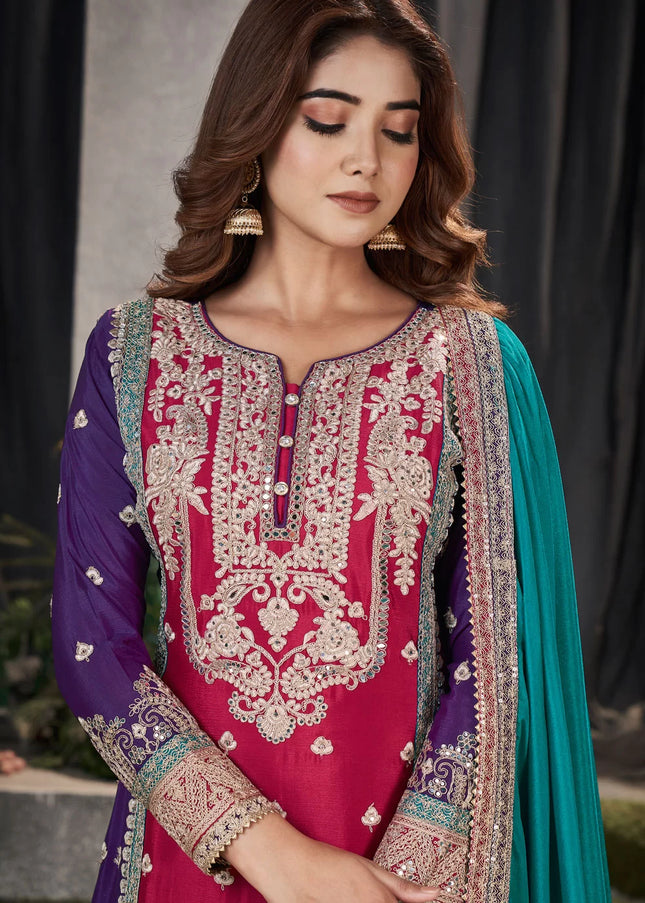 Purple Multicolor Embroidered Palazzo Suit