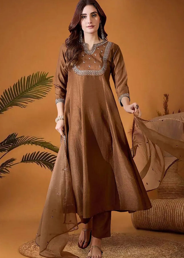 Brown Embroidered Pant Style Suit