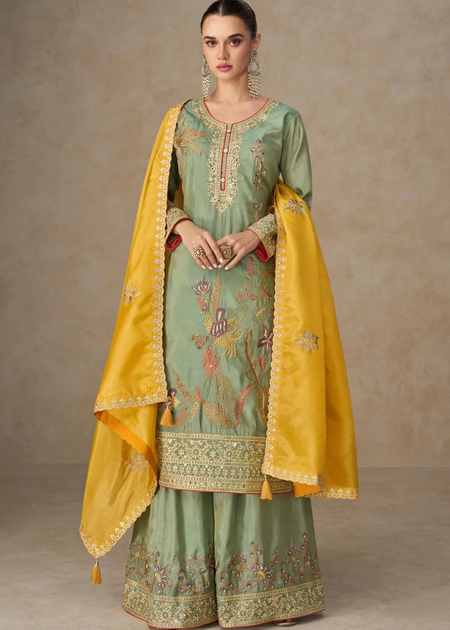 Green Embroidered Sharara Suit