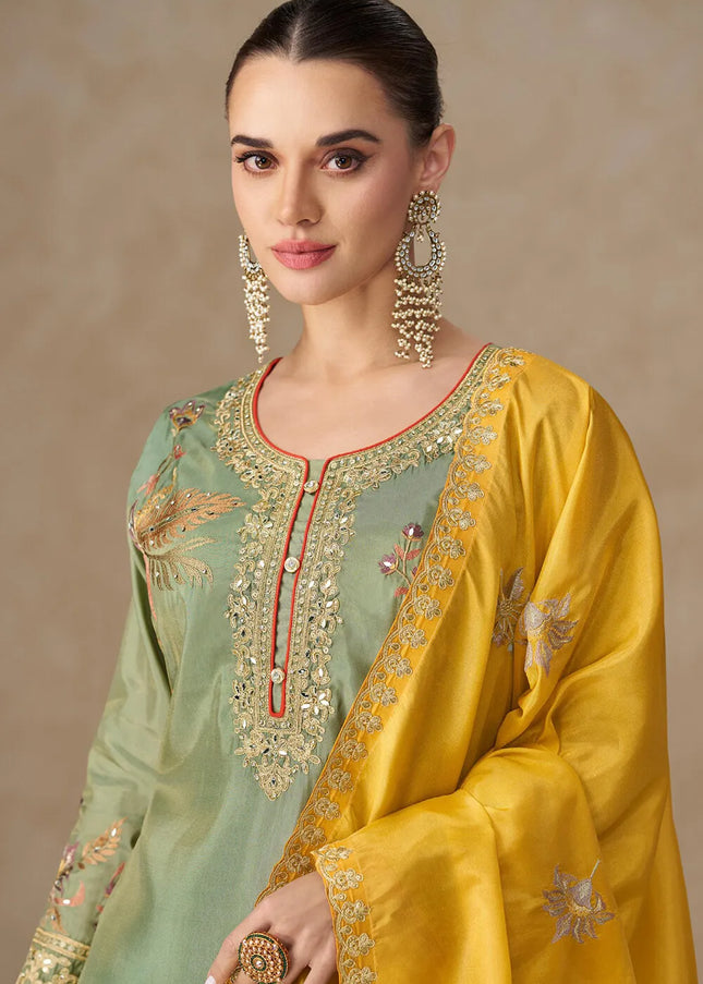Green Embroidered Sharara Suit
