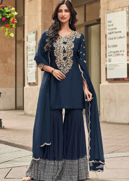 Navy Blue Embroidered Gharara Suit