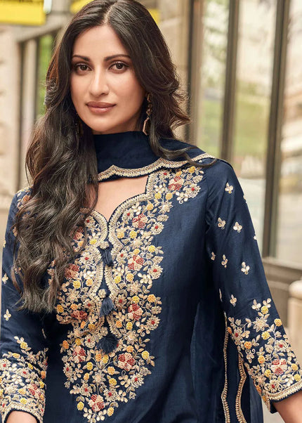 Navy Blue Embroidered Gharara Suit