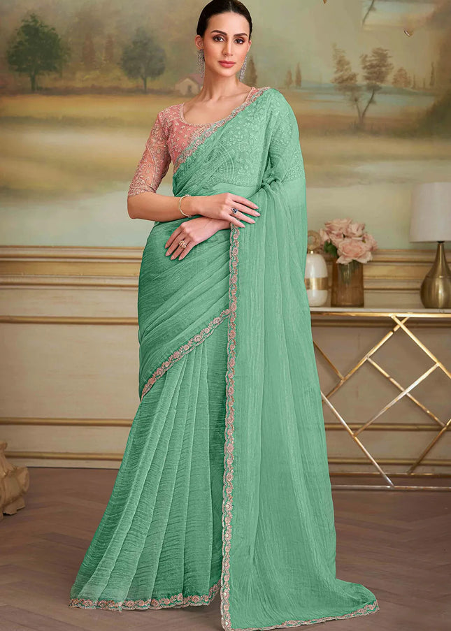 Sea Green Embroidered Saree