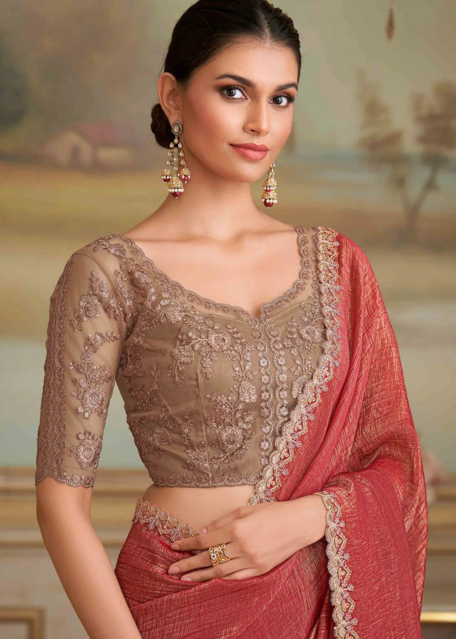 Rust Embroidered Saree