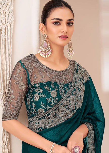 Teal Embroidered Saree