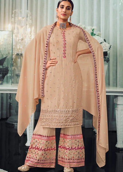 Beige Embroidered Palazzo Suit