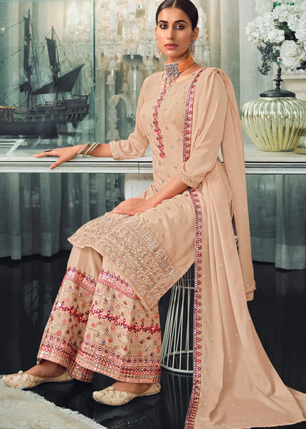 Beige Embroidered Palazzo Suit