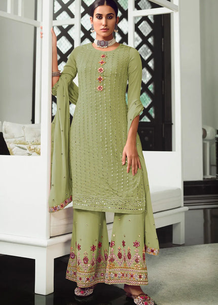 Green Embroidered Palazzo Suit