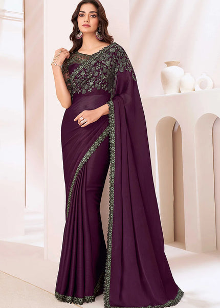 Wine Embroidered Saree