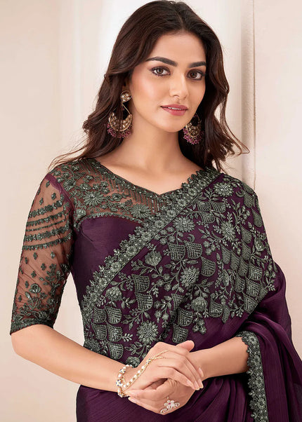 Wine Embroidered Saree