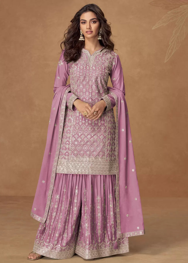 Purple Embroidered Sharara Suit