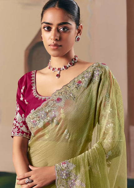 Green and Red Embroidered Festive Saree