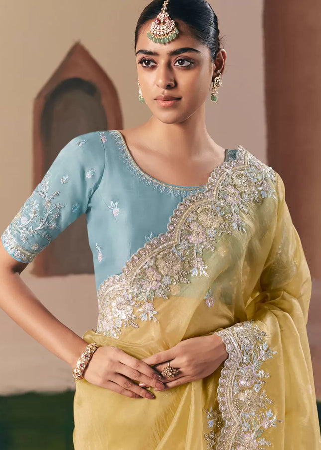 Sky Blue and  Mustard Yellow Embroidered Festive Saree