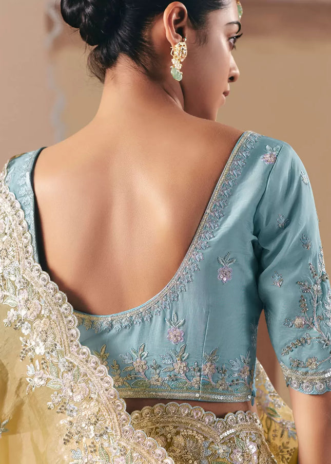 Sky Blue and  Mustard Yellow Embroidered Festive Saree