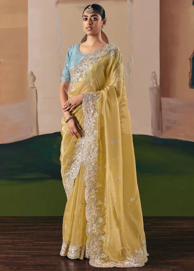 Sky Blue and  Mustard Yellow Embroidered Festive Saree