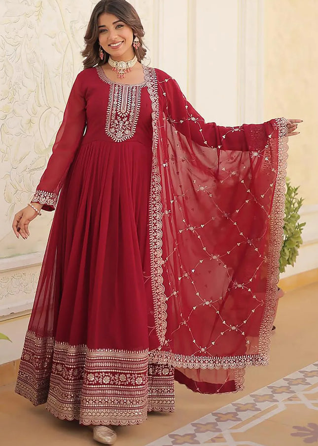 Maroon Embroidered Anarkali Gown