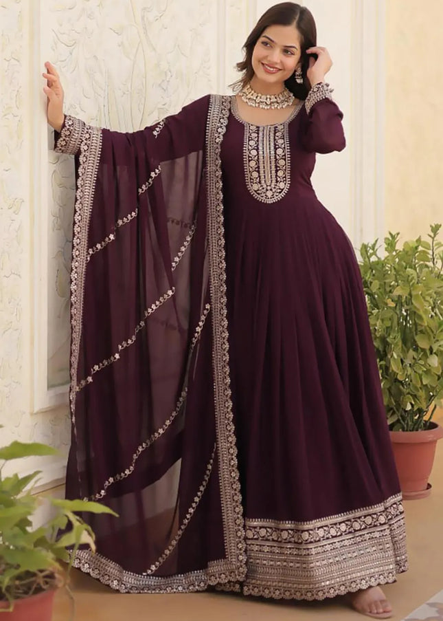 Wine Embroidered Anarkali Gown