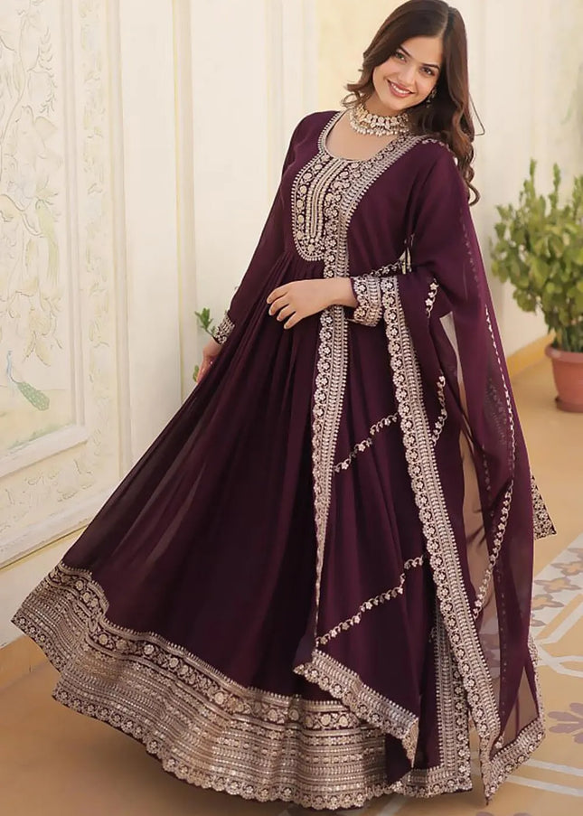 Wine Embroidered Anarkali Gown