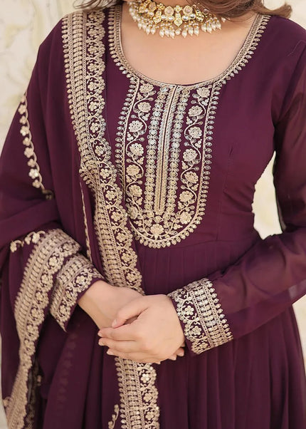 Wine Embroidered Anarkali Gown
