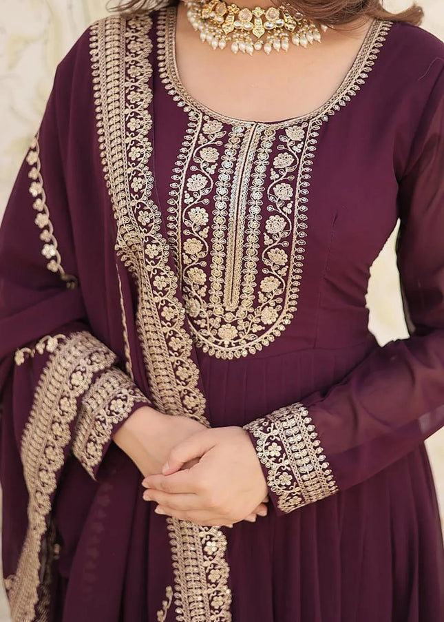 Wine Embroidered Anarkali Gown