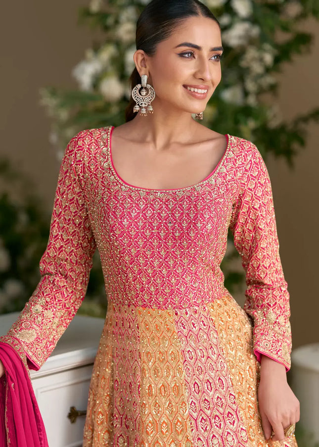 Pink and Orange Embroidered Anarkali Gown