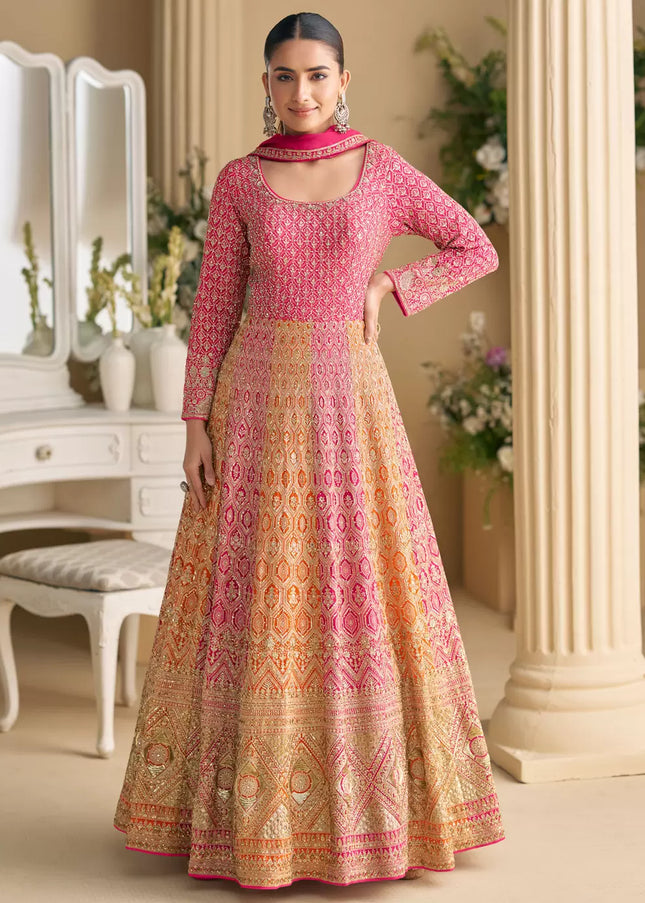 Pink and Orange Embroidered Anarkali Gown